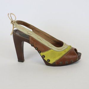 Marni Suede Studded Leather Lace Peep-Toe Platform Heels